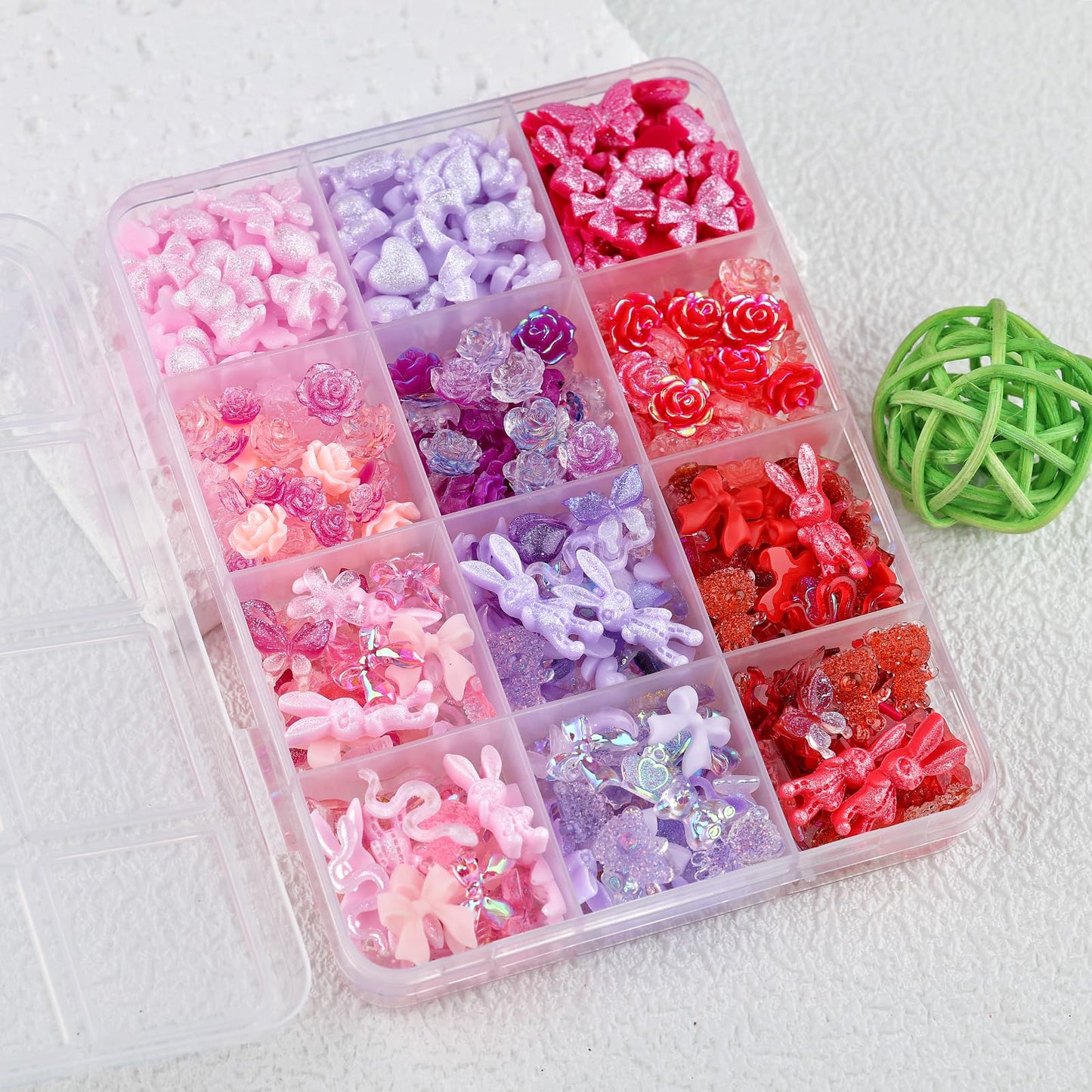 Kikonoke 2050 Pieces 3D Butterfly Rose Flower Bow Rabbit Bear Nail Charms Kit with Nail Art Rhinestones Pearls Crystal Gems Nail Slices for Manicure DIY Crafts Jewelry Accessories (Pink Purple Red)