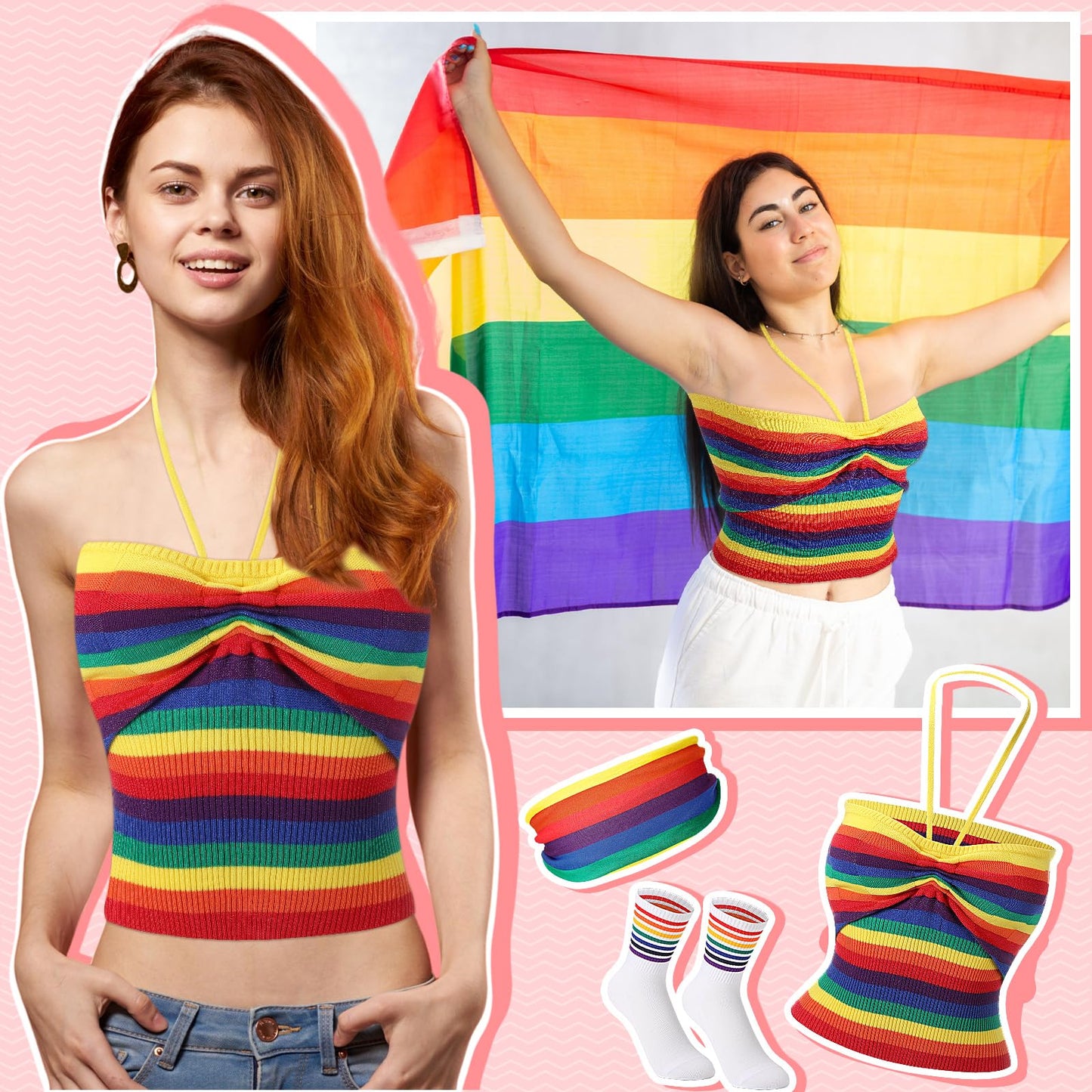 Cuffbow 4 Pcs Prides Parade Outfits, Rainbow Halter Backless Knitted Tank Top, Rainbow Hair Band and Rainbow Ankle Socks (Size M)