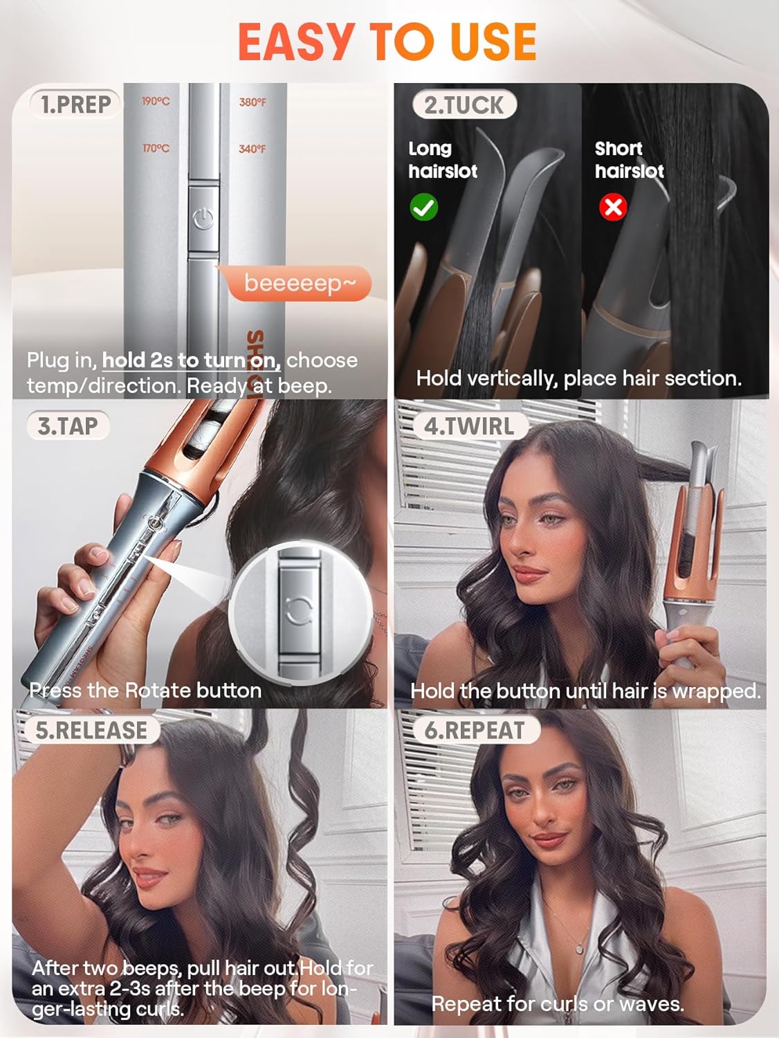 SHEGLAM Automatic Curling Iron - 1 1/4 Inch, Fast Heating, 3 Temperatures, Anti-Scald & Tangle Features