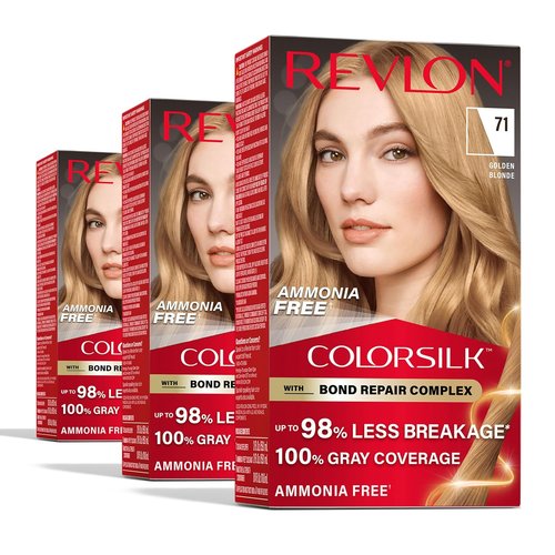 Revlon ColorSilk Blonde Permanent Hair Color - 100% Gray Coverage, Ammonia-Free, Vegan Keratin | 71 Golden Blonde (Pack of 3)