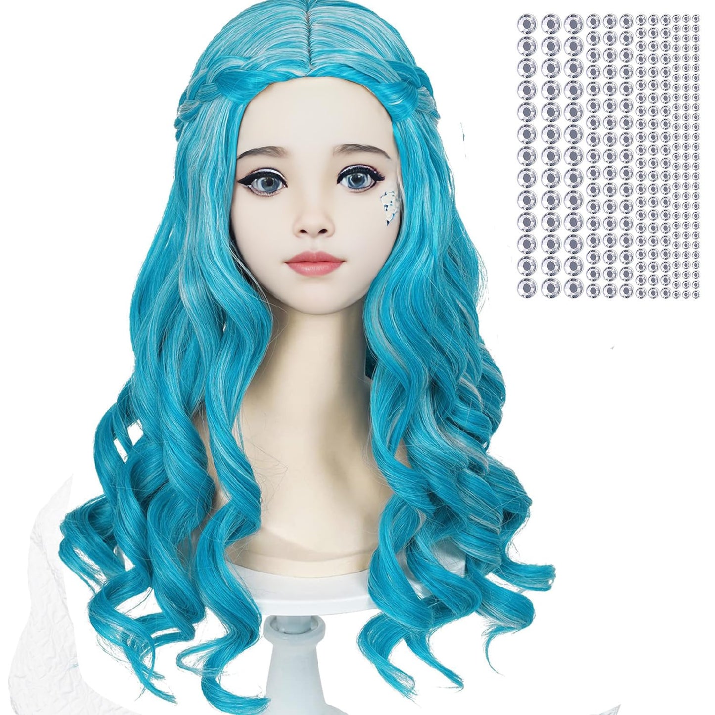 Blue Braids Wig for Kids Girls Curly Alien Cosplay Wigs Princess Elf Costume Hair with Stickers for Halloween Party