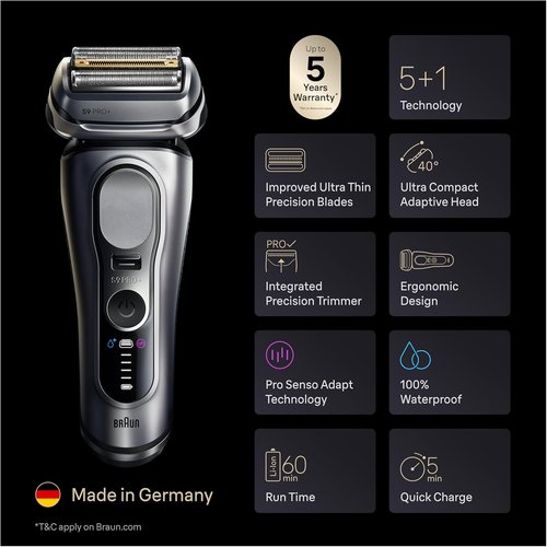 Braun Series 9 PRO+ Electric Shaver - Wet & Dry Razor with Pro SensoAdapt & SmartCare Center | Silver 9697CC