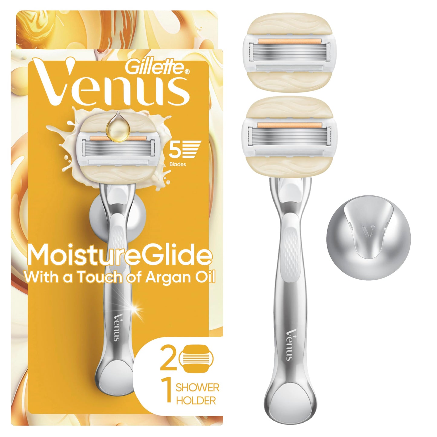 Venus Moistureglide Women's Razor, Reusable Handle, 2 Razor Blade Refills and Shower Holder