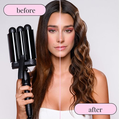 Mermade PRO Hair Waver - 1.25" 3 Barrel Curling Iron for All Hair Types | Ceramic Barrel, Black with Glove