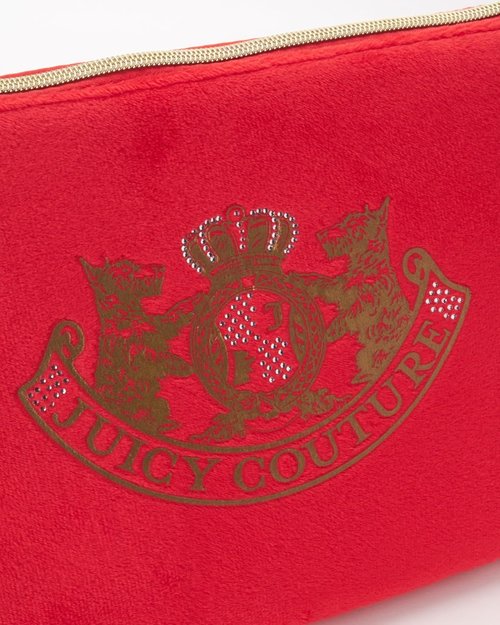Juicy Couture Red Makeup Bag - Stylish Cosmetics Organizer with Rhinestones & Gold Terrier Design
