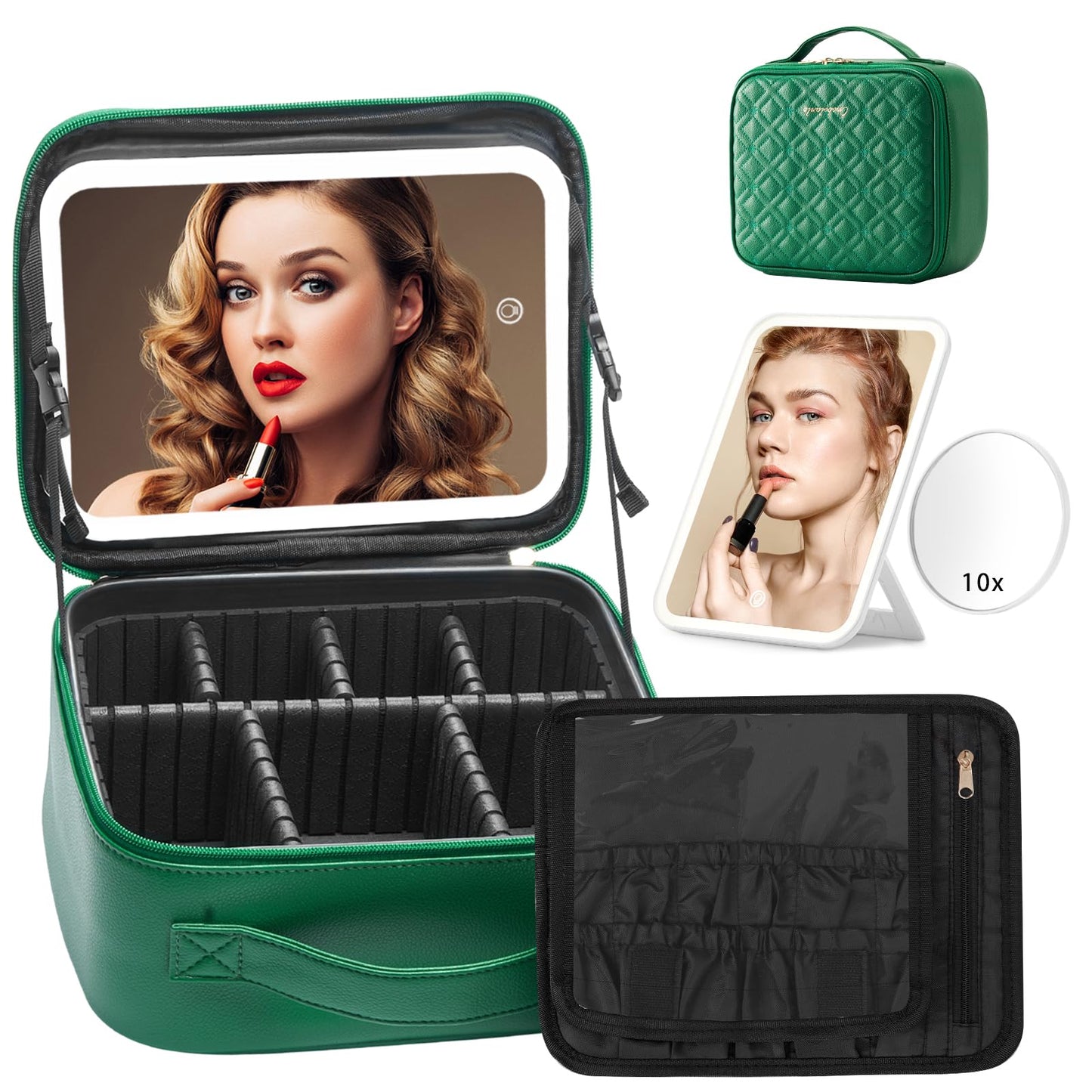 Omobolanle Makeup Bag with Mirror Led Light Detachable Portable Make up Travel Train Case with Adjustable Dividers and 10x Magnifying Mirror Green