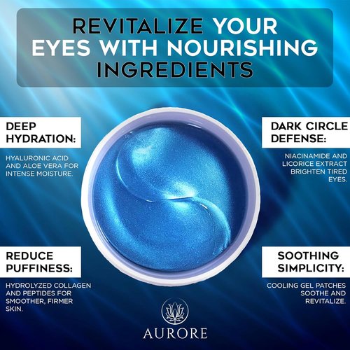 AURORE Under Eye Patches - Hydrating Hyaluronic Acid & Collagen Formula for Dark Circles | 30 Pairs (60 Gel Patches)