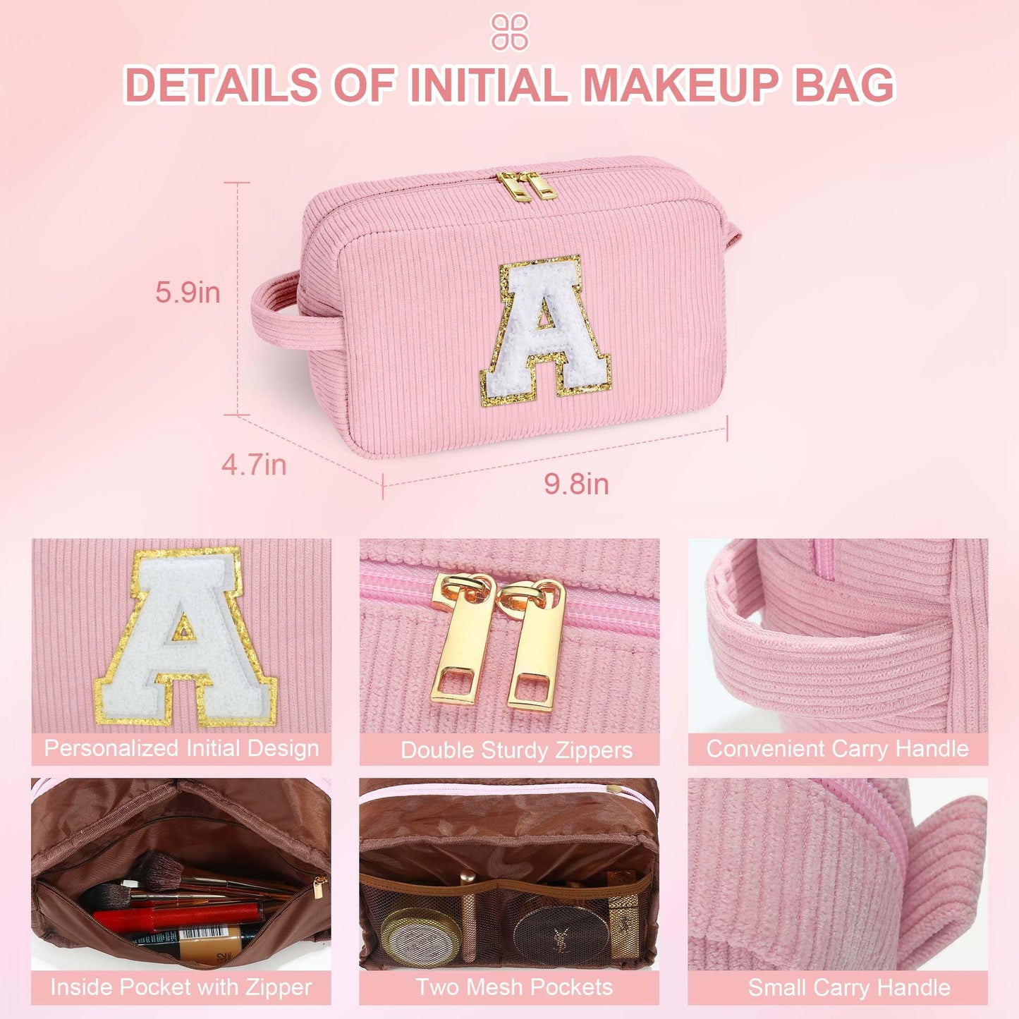 YOOLIFE Travel Makeup Bag - 4 5 6 7 8 9 10 Year Old Girl Birthday Gift | Initial Cosmetic Bags for Women Teen Girls Kids, Cute Makeup Bag Birthday Gifts for Women Kid Teen Girls Trendy Stuff Purple A