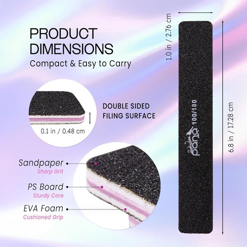 PANA Jumbo Size Double-Sided Nail Files - 10PCS Black Emery Board, 100/180 Grit for Manicure & Pedicure