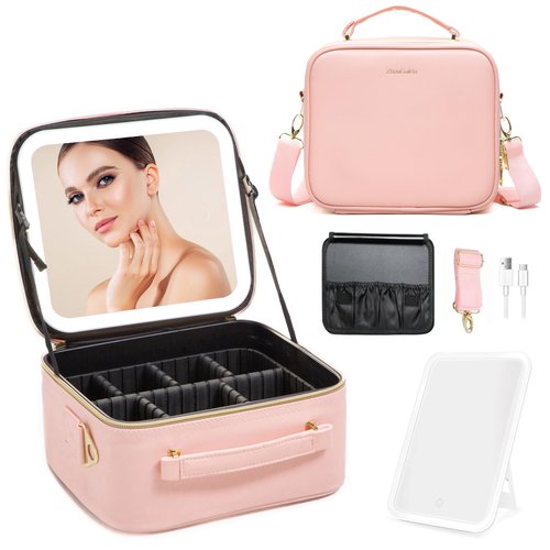 ZhenGuiRu Makeup Bag with LED Mirror, Portable Makeup Artist Organizer Case with Light Up Mirror, Travel Makeup Bag for Women Cosmetic Brush Holder Storage, Pink Makeup Gift for Christmas
