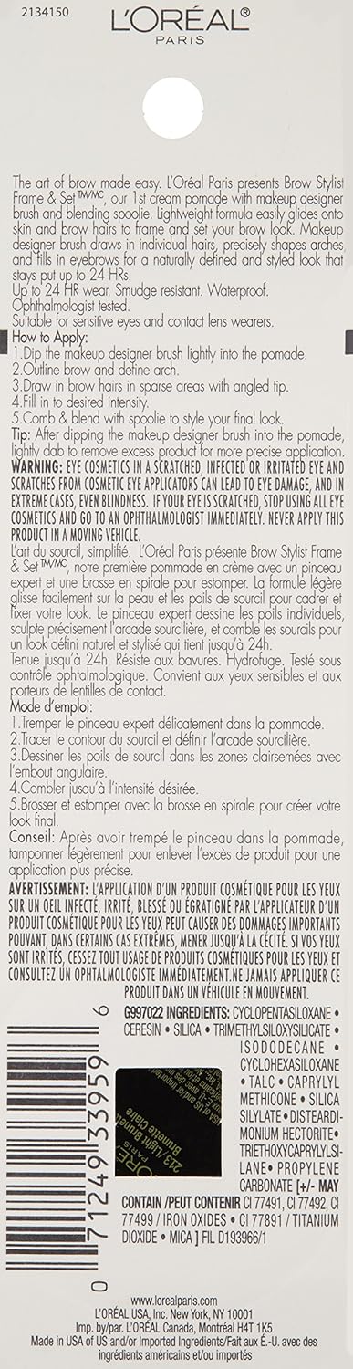 L'Oreal Paris Brow Stylist Frame and Set, Warm Brunette, 0.08 oz.