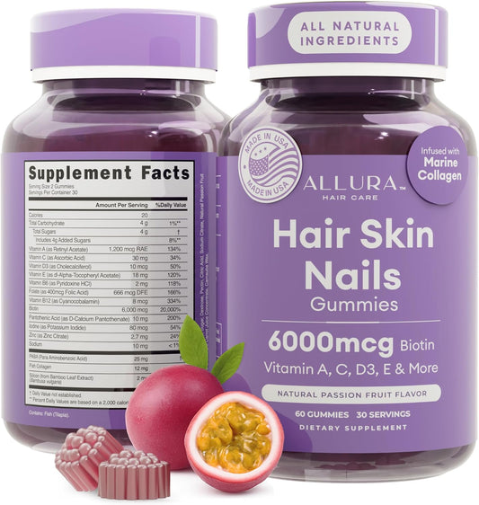 Skiennix Hair Skin and Nails Vitamins - Extra Strength 6000mcg Biotin Gummies with Marine Collagen & Vitamins | 60ct Passion Fruit