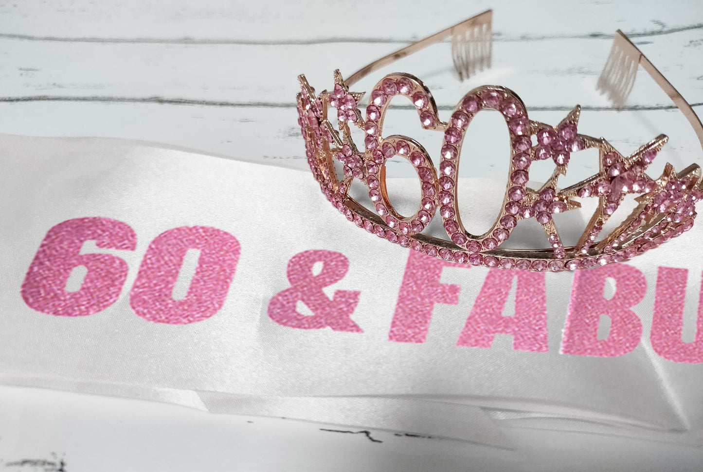 Happy 60th Birthday Tiara and Sash Gifts Crystal Rhinestone Princess Crown Birthday Queen Party Favor Supplies Pink Crowns White Sash