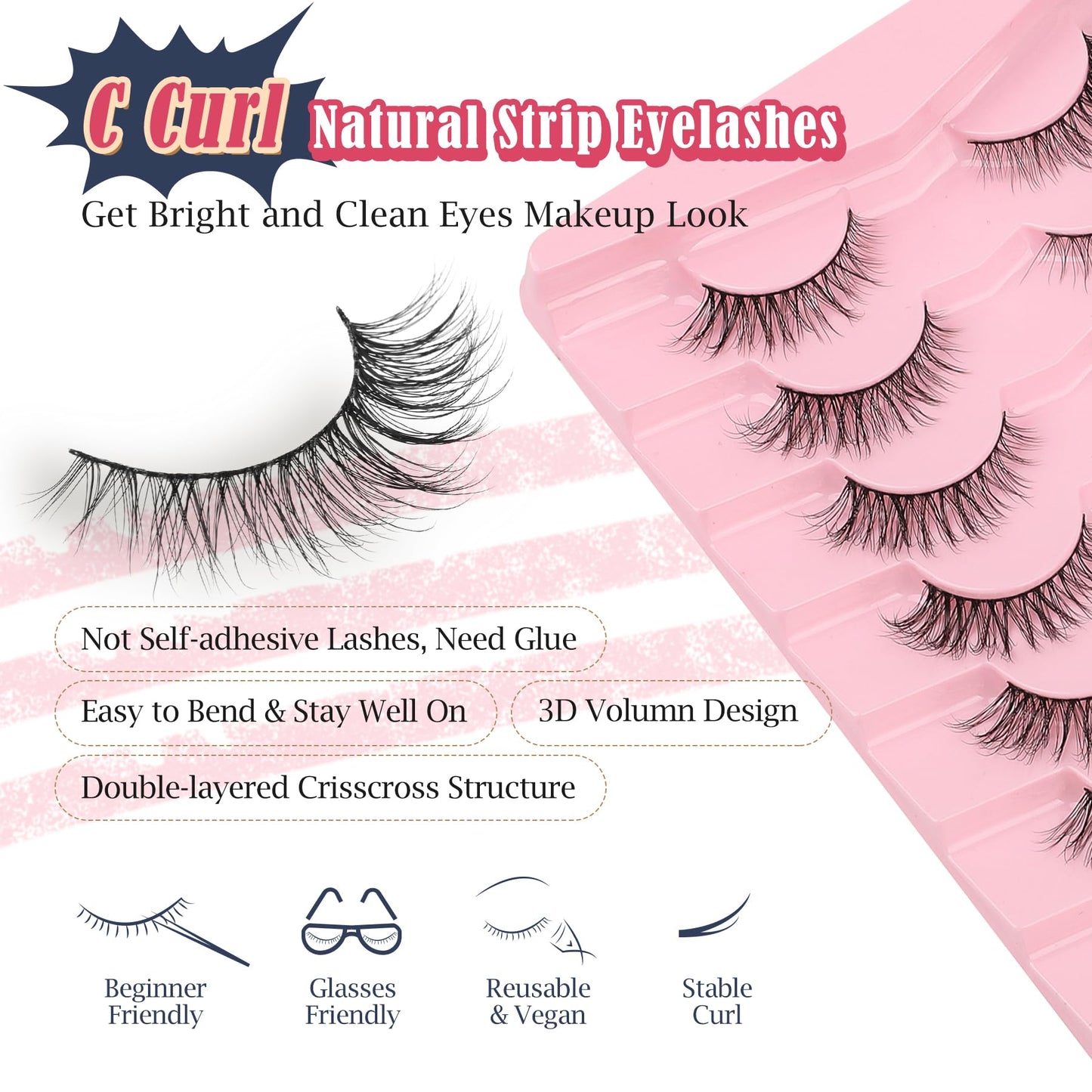 Eyelashes Natural Cat Eye Lashes 15mm Wispy Eyelashes Flared Fluffy Strip Lashes 0.1MM Thin Band False Eyelashes C Curl Lashes Siligli Eye Lashes Pack 7 Pair
