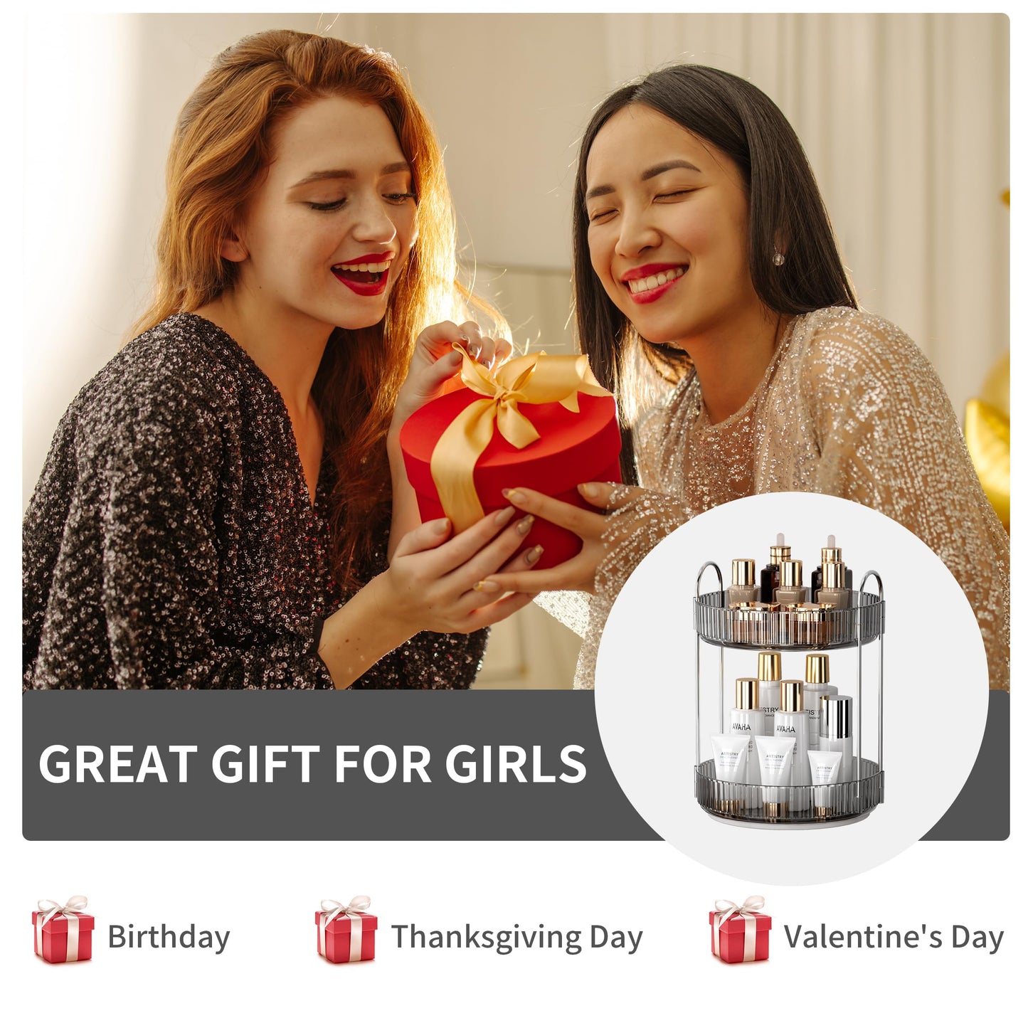 YCIA&DONE 360 Rotating Makeup Organizer and Storage for Vanity Countertop 2 Tiers, High Capacity Cosmetic Skincare Perfume Organizers for Dresser Bathroom Lazy Susan (Smoky Gray)