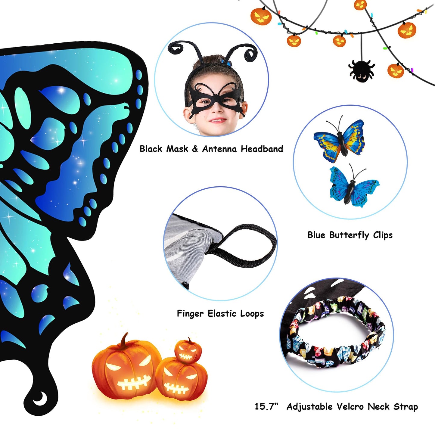 Tibeha Butterfly Costume for Women Girls - Halloween Cape Kid Adult Wings with Mask and Antenna Headband