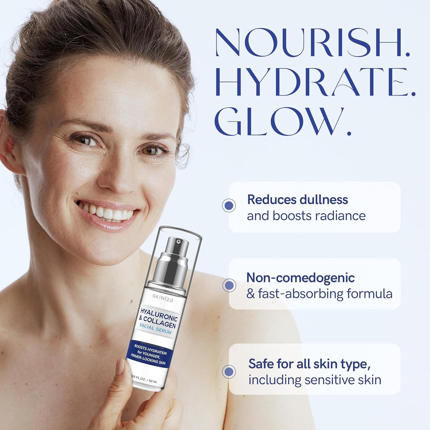 Skin 2.0 Hyaluronic Acid & Collagen Face Serum - Hydrating, Anti-Aging Formula for All Skin Types - 1.69 Fl Oz