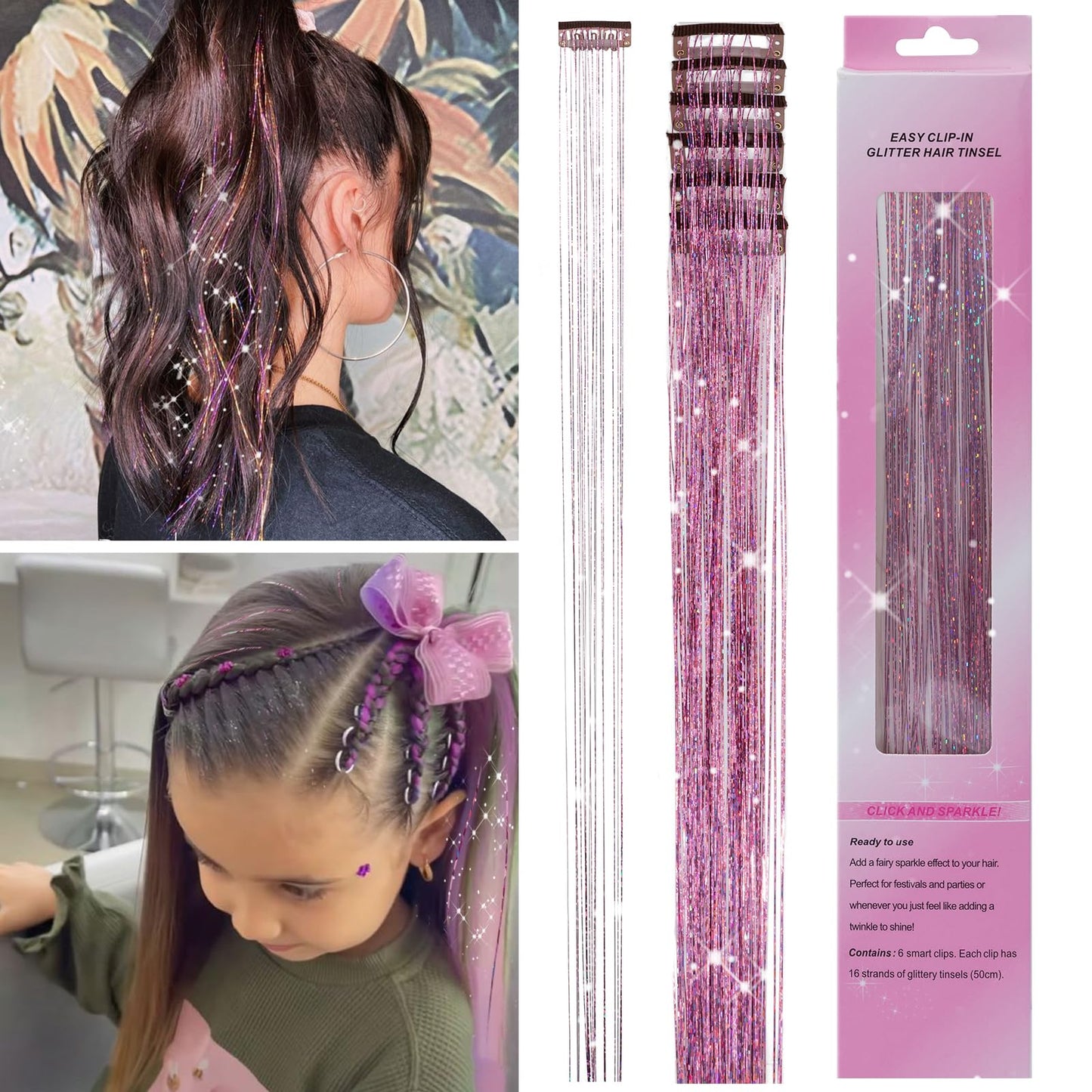 Benehair 6 PCS Clip in Hair Tinsel Kit, Colored Glitter Tinsel Hair Extension Heat Resistant, Sparkling Hairpieces Fairy Hair Dazzle Hair Tinsel Christmas New Year Party for Women 20 Inch (Light Pink)