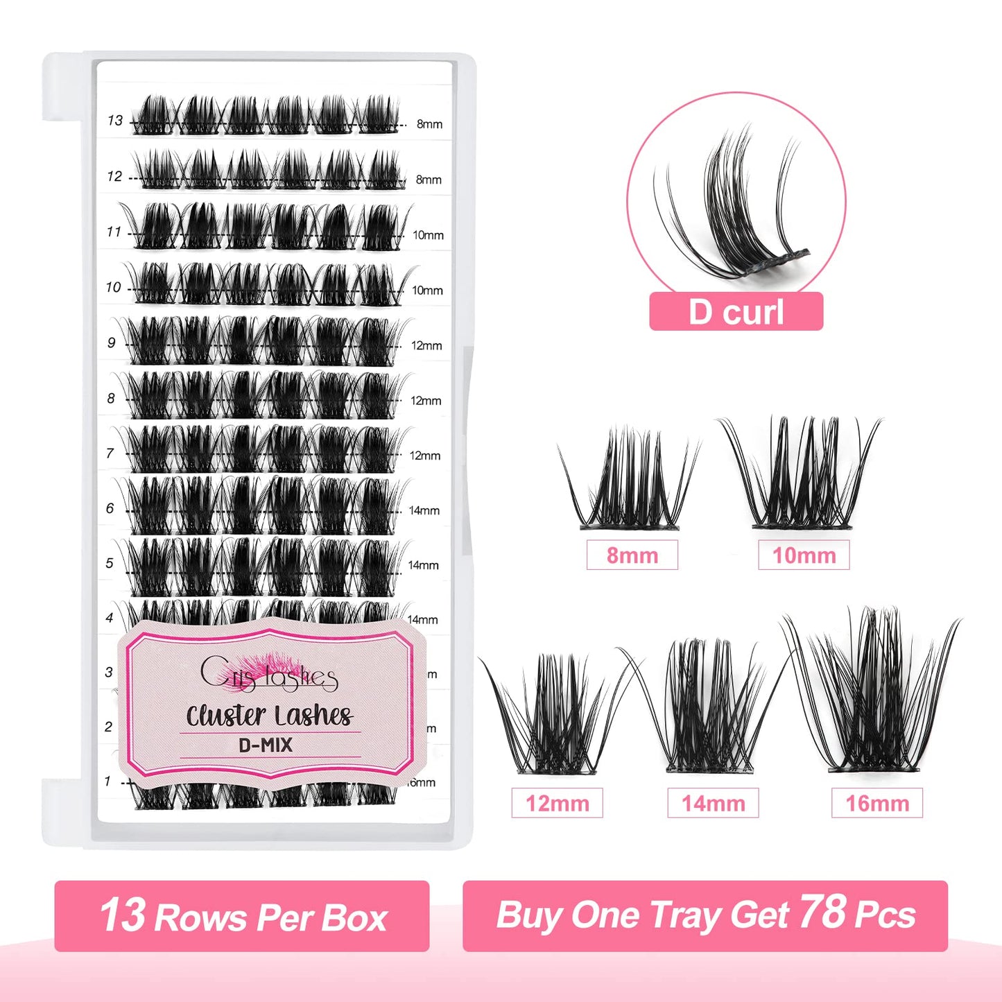 Cluster Lashes, Crislashes DIY Eyelash Extension 13 Rows, D Curl Mix 8-16mm Individual Cluster Eyelashes Natural Look, 78 pcs Reusable Cluster Eyelash Extensions at Home (F02-D Curl Mix 8-16mm)