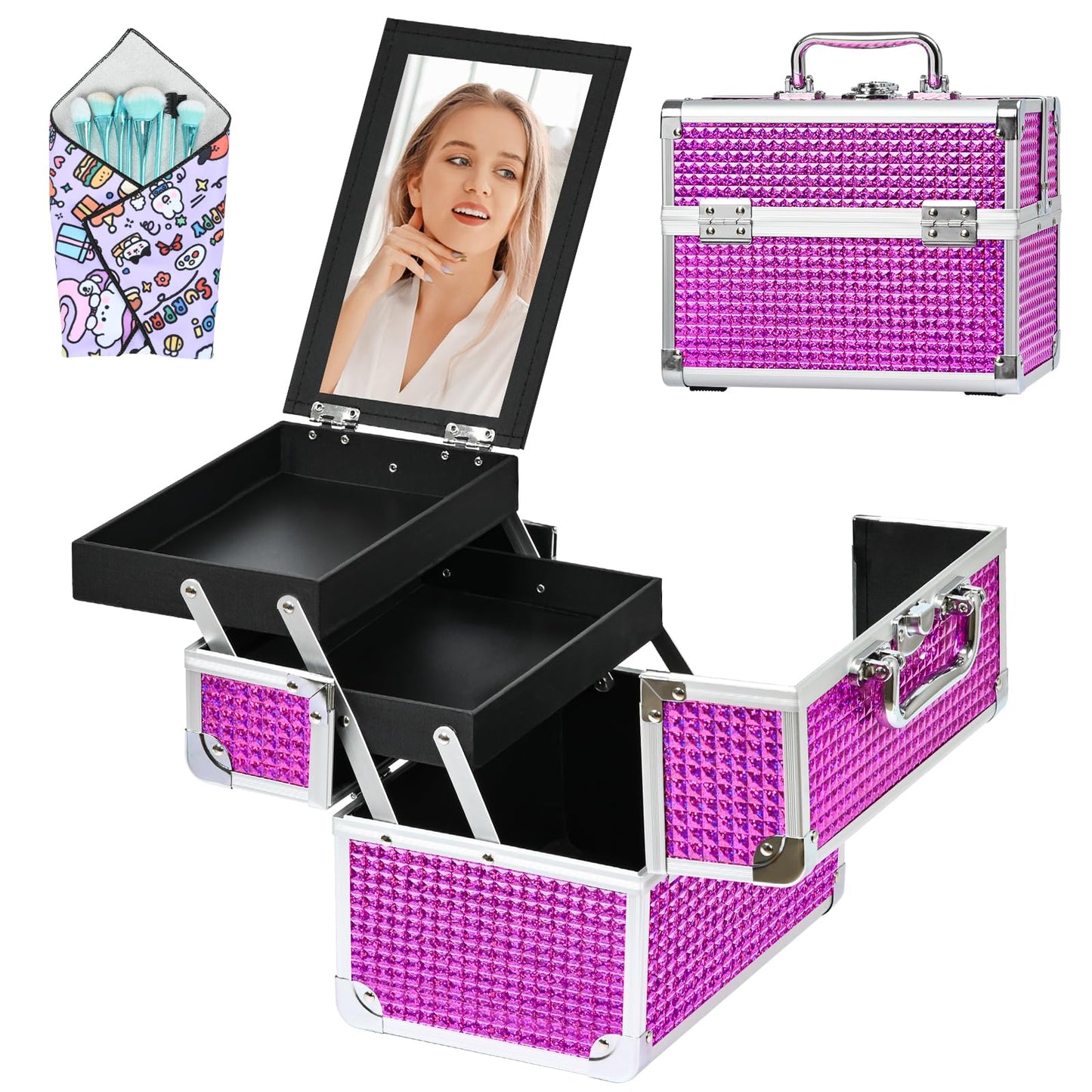 GALHUBIS Makeup Train Case, Portable Makeup Case with Mirror, 2-Trays Cosmetic Organizer Case,Nail Polish Organizer, Travel Makeup Box, Profesional for Salon Barber, Rose Red