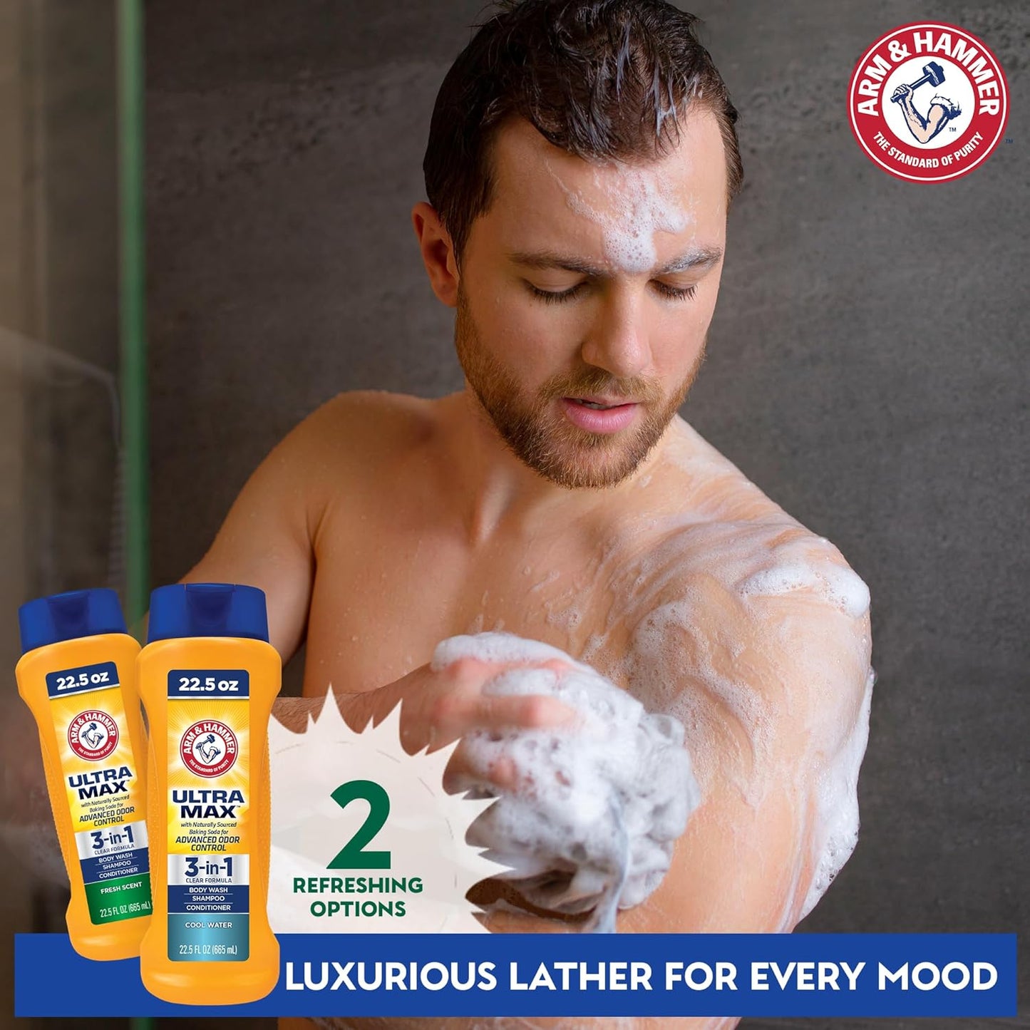 Arm & Hammer Essentials Men's Body Wash - Ultra Max 3-in-1 Cool Water 22.5oz | Shampoo, Conditioner & Body Wash