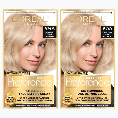 L'Oreal Paris Superior Preference Luminous Fade-Defying Permanent Hair Color, Hair Dye For Up to 9 Weeks of Radiance, Lightest Ash Blonde 9.5A, 1 Hair Dye Kit (Pack of 2)