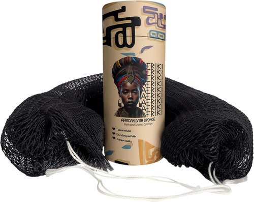 AFRIKI African Net Sponge - Exfoliating Body Scrubber for All Skin Types | 45" Long (Black)