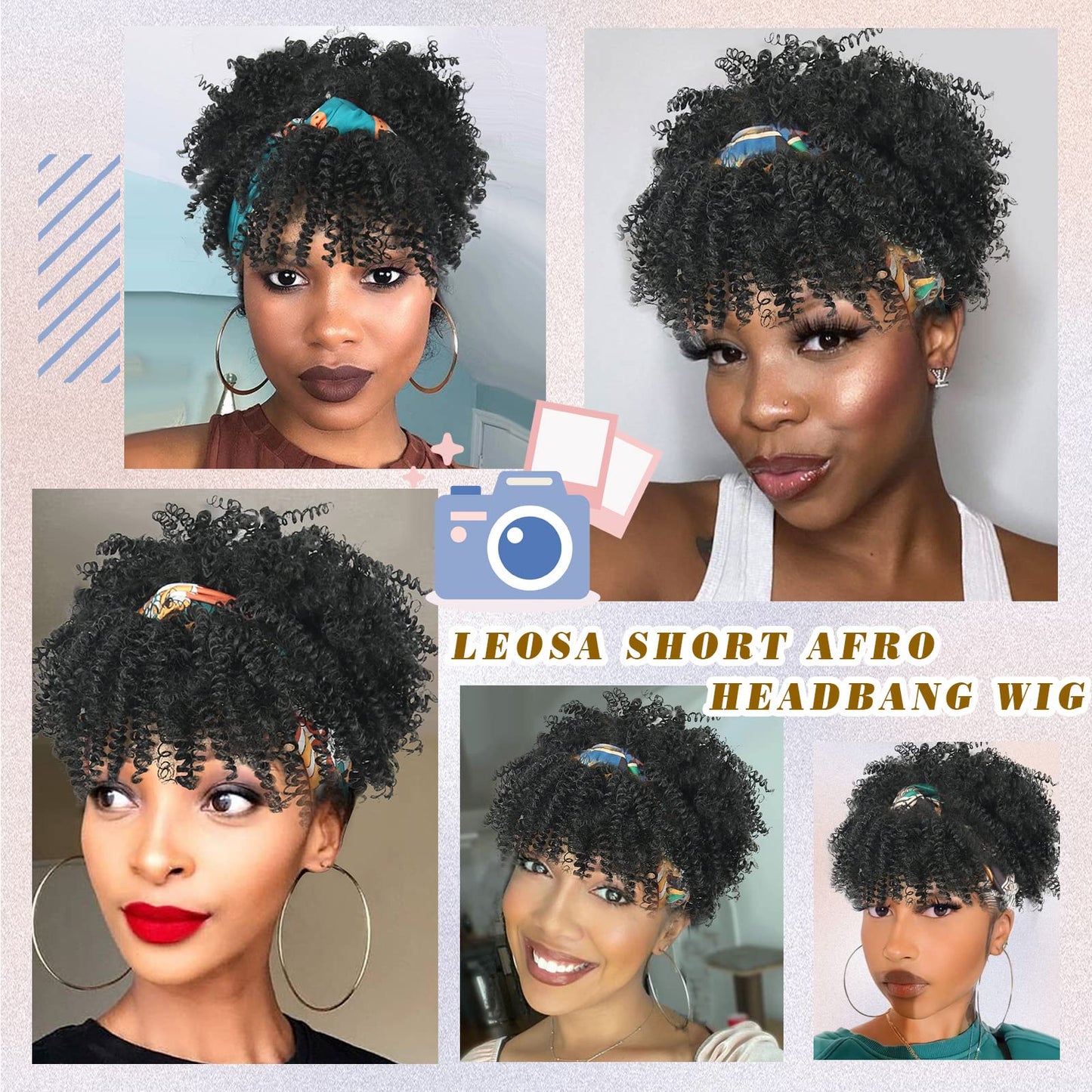 LEOSA Black Headband Wigs for Women Afro Kinky Curly Wig with Bangs Synthetic Short Hair Wigs with Headband Attached Headwrap Wigs Kinky Curly Headband Wig 4inch