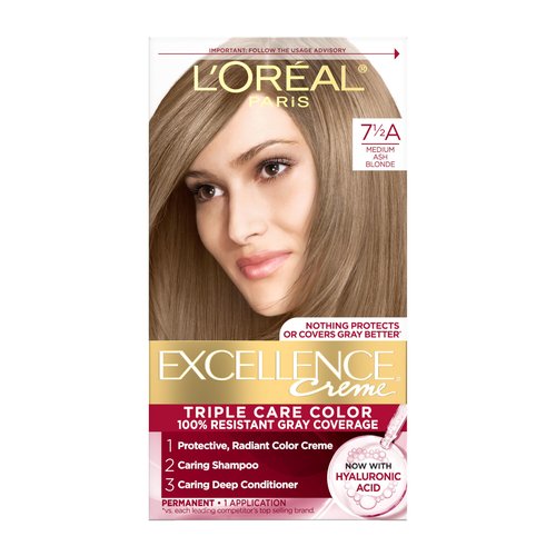 L'Oreal Paris Excellence Crème Permanent Hair Dye, Triple Care Hair Color with Hyaluronic Acid for 100% Gray Coverage, 7.5A Medium Ash Blonde, 1 Kit (Packaging May Vary)