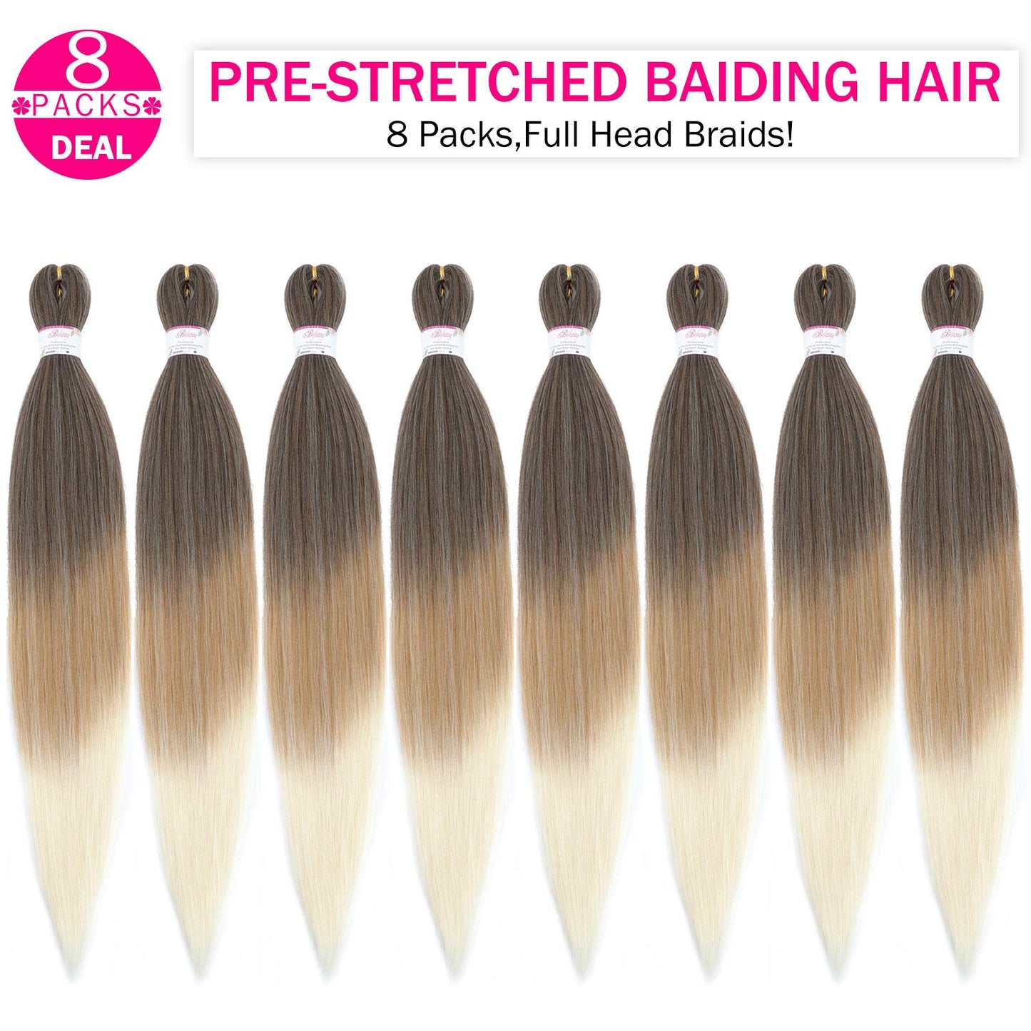 BEFUNNY Pre stretched Braiding Hair 30 Inch 8 Packs Prestretched Braiding Hair Bundles Long Brown/Blonde/White Three Tone Synthetic Crochet Hair For Women, Yaki Straight, Itch Free(30",T4/27/613)