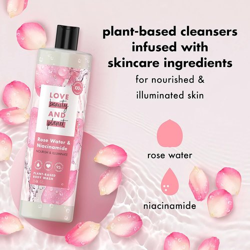 Love Beauty and Planet Body Wash - Nourishing Rose Water & Niacinamide, 100% Biodegradable, 20 fl oz