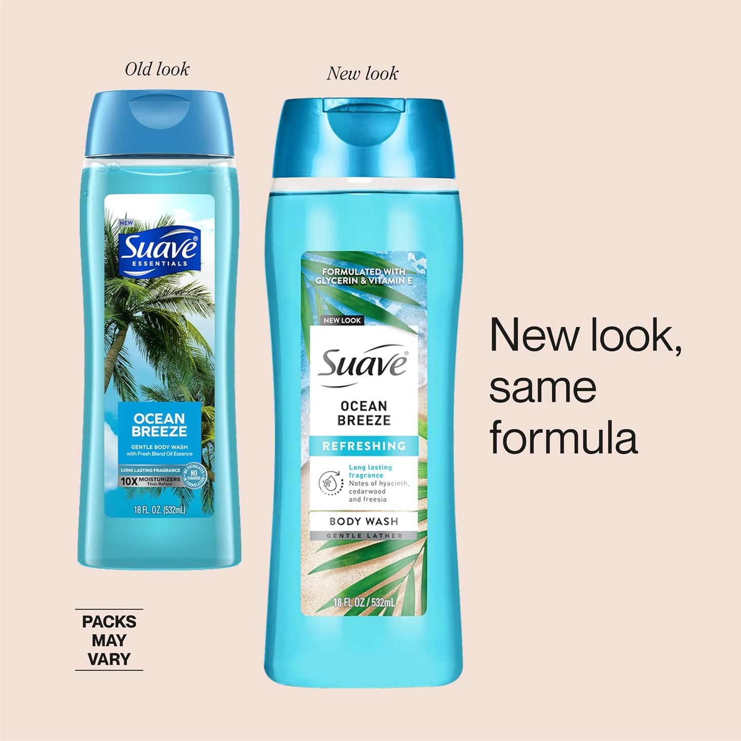 Suave Ocean Breeze Body Wash - Hydrating Formula with Glycerin & Vitamin E | 18 FL OZ, 6 Count
