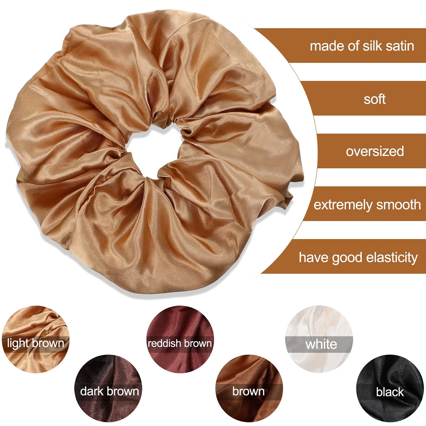 Chuangdi 6 Pieces Big Satin Scrunchies for Women, Jumbo Silk Scrunchies Thick Elastic Jumbo Hair Scrunchies(White, Red Brown, Black, Light Coffee, Dark Coffee, Brown)