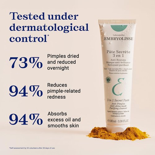 Embryolisse 3-in-1 Anti-Acne Clay Mask - Clear Breakouts for Oily/Combination Skin | 3.38 Fl Oz