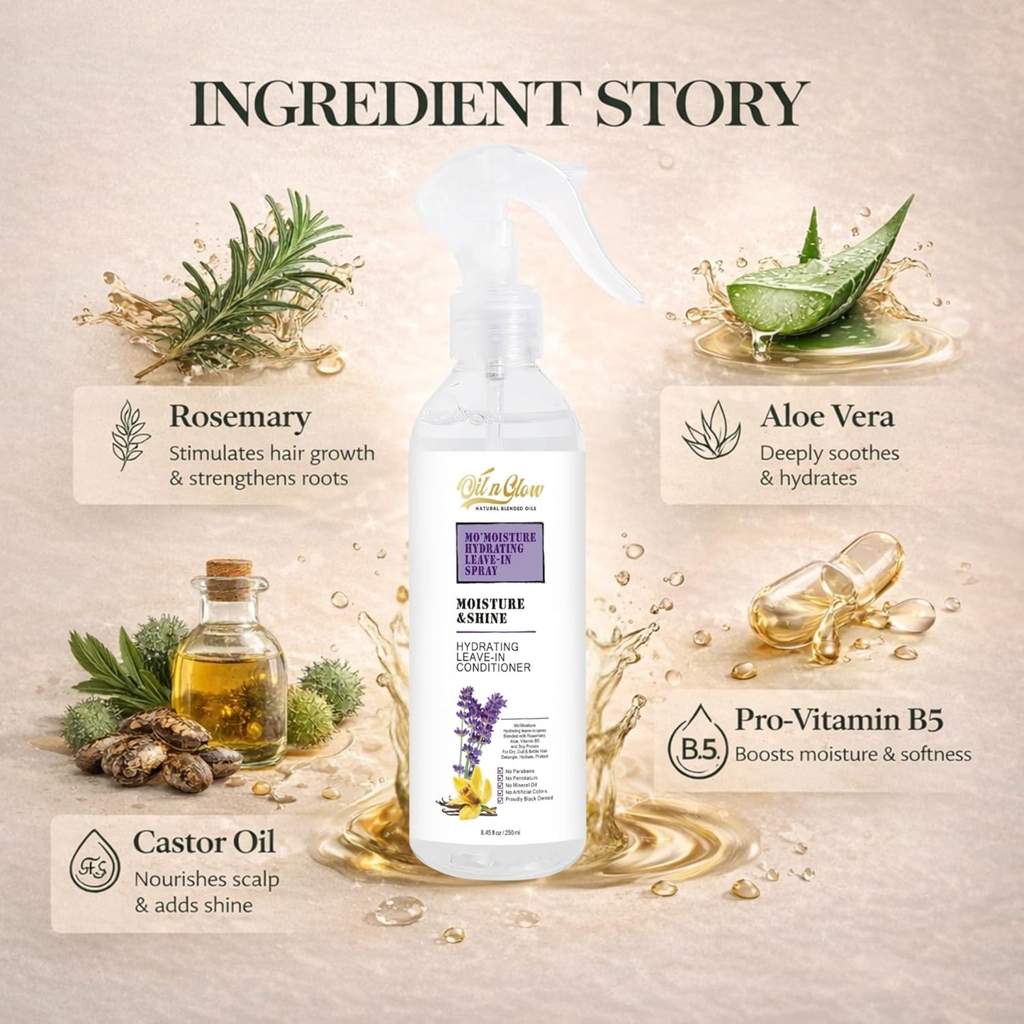 Skiennix Lightweight Leave-In Conditioner Spray - Rosemary & Castor Oil for Type 2-4 Hair | 8.45 Fl. Oz