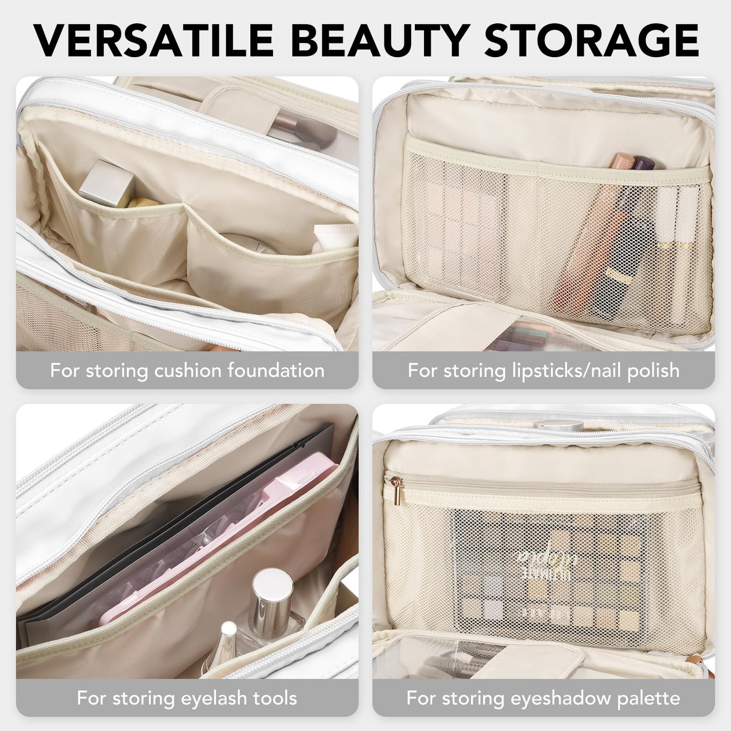 Travel Makeup Bag Women's Large Capacity Cosmetic Portable Organizer Waterproof Large Opening Storage Toiletry Bags Vertical Free-Standing Brush Holder for Easy Access（White）