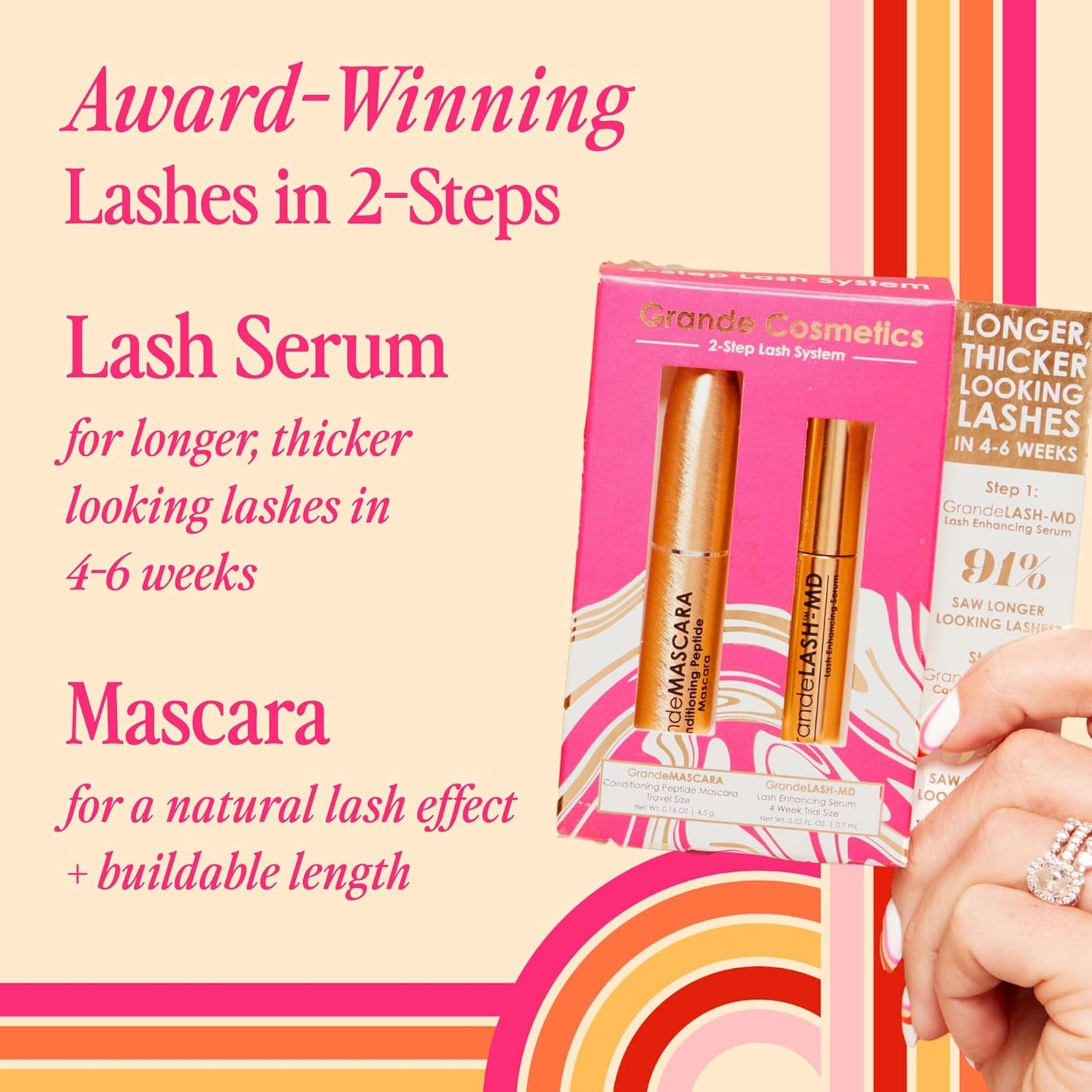 Grande Cosmetics Lash & Brow Care Systems - Multi-Step Enhancing Set for Longer, Fuller Lashes & Brows
