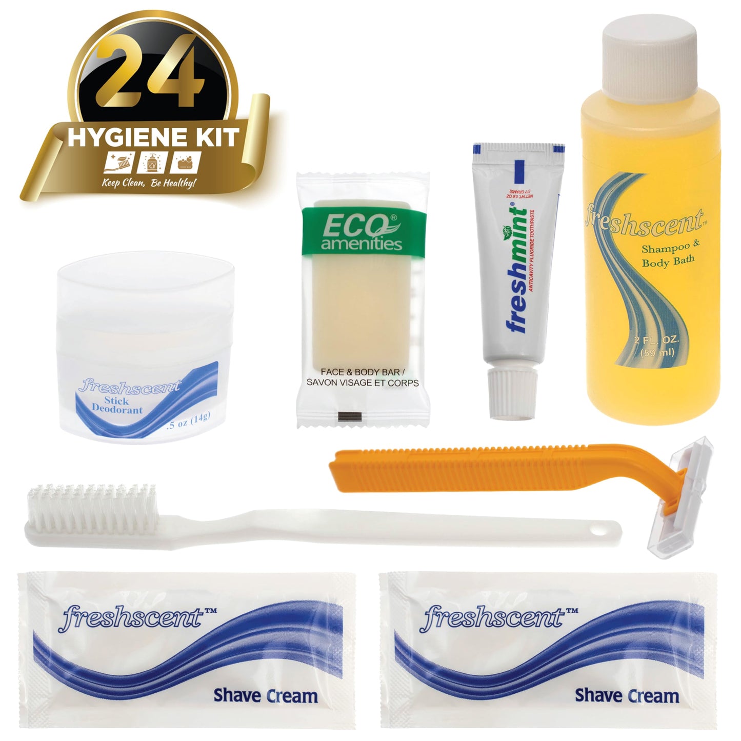 Moda West 24 Kits - Bulk Case of Wholesale Basic Toiletry Kits for Men, Women, Travel, Charity In Pouch With See Thru Window