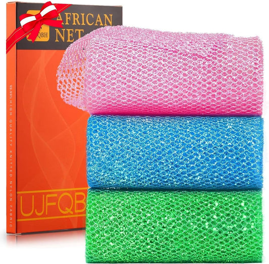 UJFQBH Exfoliating Shower Set - 3 Piece Bright Style African Bath Sponges for Smooth Skin | Bright Pink, Blue, Green