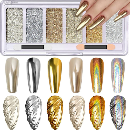 Skiennix Holographic Nail Powder Set - 6 Iridescent Colors for Stunning Metallic Nail Art