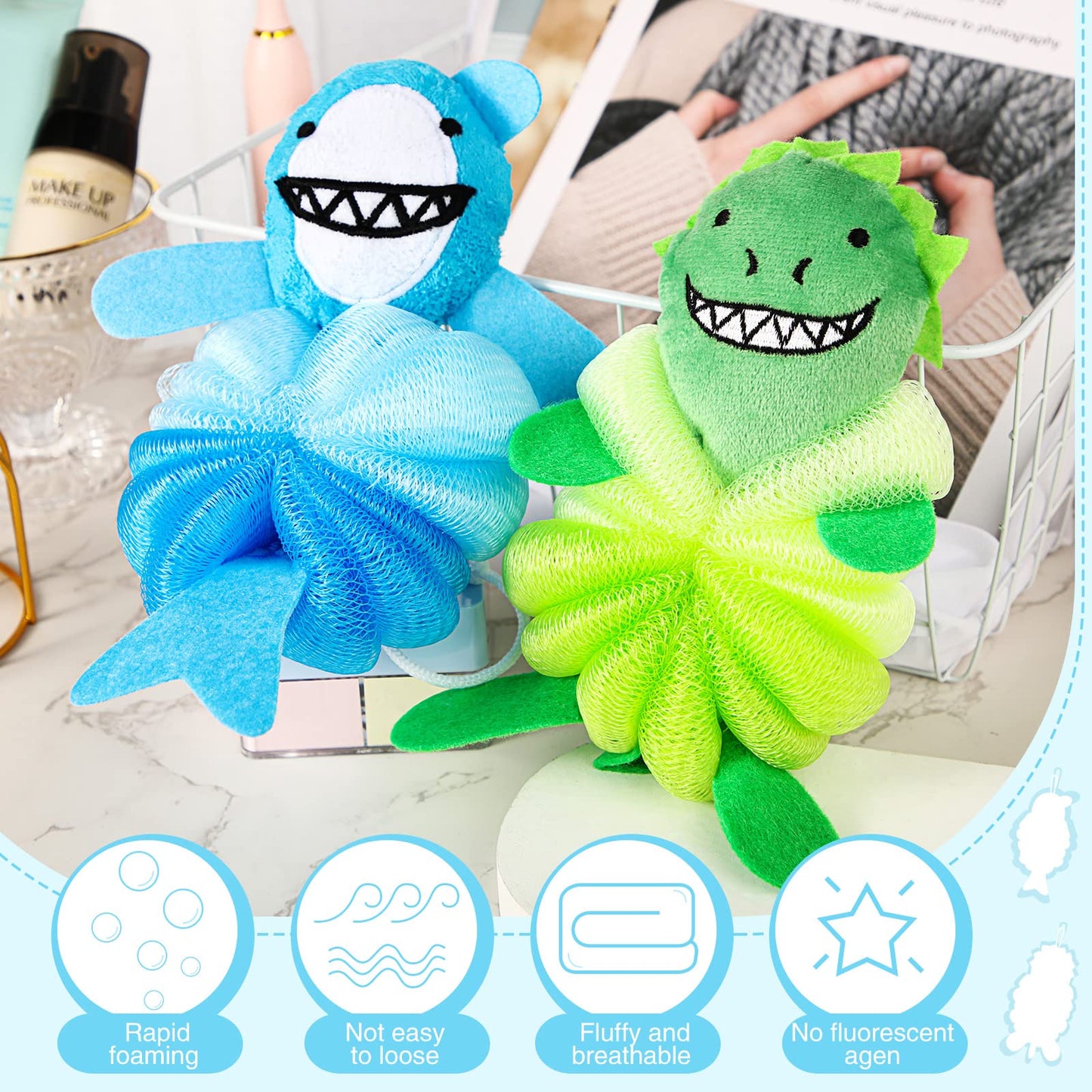 Nuenen 2 Pcs Bath Loofahs Kids Toddler Cute Cartoon Bath Sponges Loofah Pouf Body Scrubber Mesh Sponges for Children Shower Washing Exfoliating