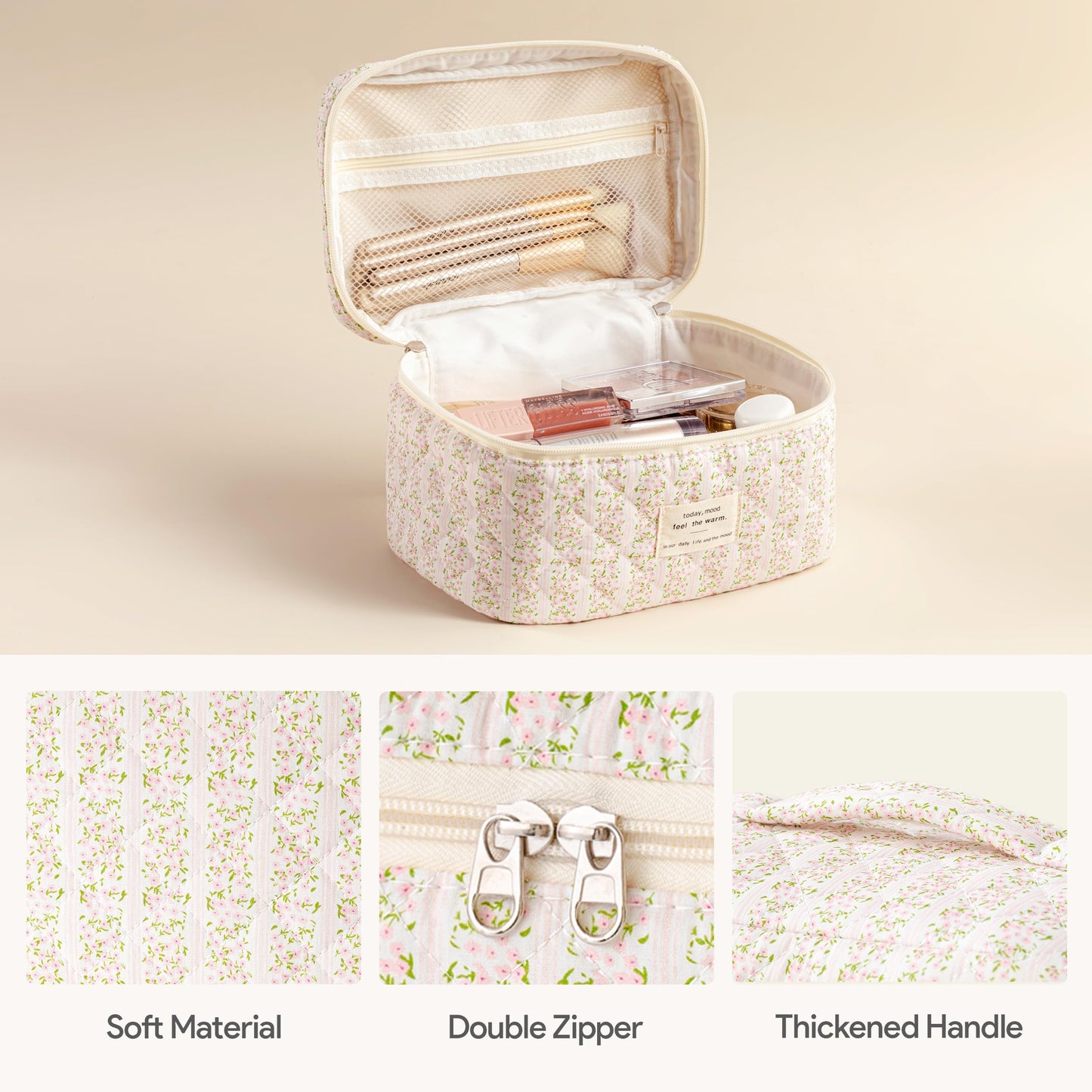 HBselect Quilted Makeup Bag, 3PCS Cotton Large Travel Makeup Bag, Cute Floral Coquette Make up Bag Cosmetic Bag Toiletry Bag for Women Girls