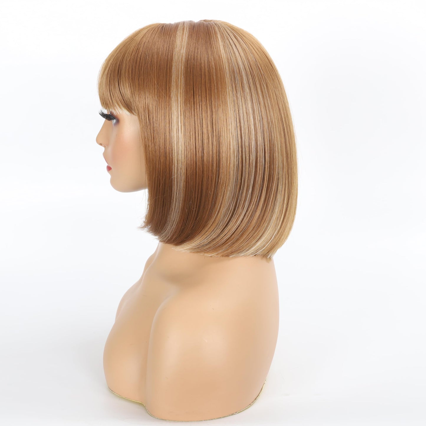 Yunkang Wig With Bangs 12 Inch Mix Brown Blonde color Bob Wig for Women Natural Looking Short Bob Wig With Bangs Heat Resistant Synthetic Hair Wig for Daily Party Cosplay (12inch, M-27/613)