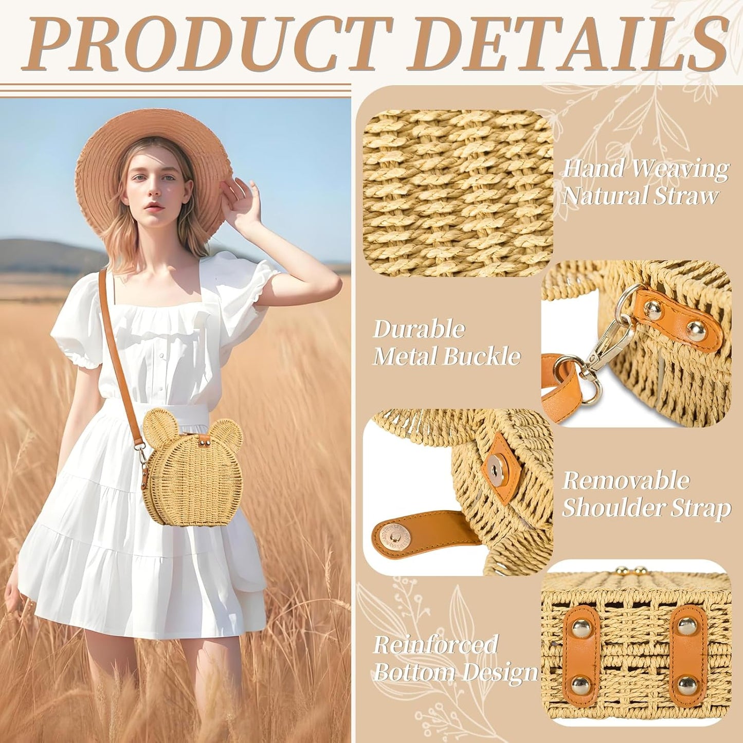 Skiennix Round Rattan Straw Bag - Handmade Wicker Purse with Cute Mouse Ears | Crossbody Shoulder Bag