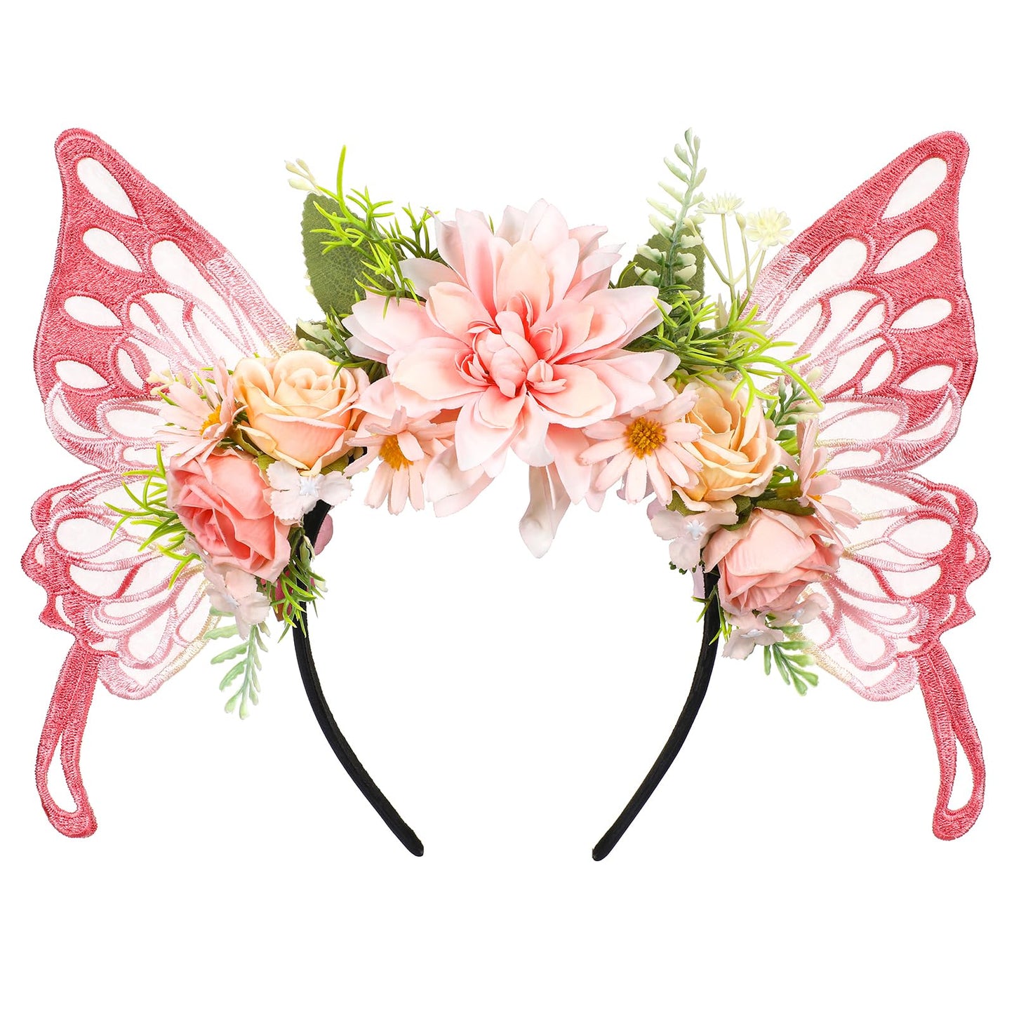 MOSTORY Pink Butterfly Fairy Headband - Flower Crown with Wings Woodland Floral Hairband Elf Forest Headpiece for Women Princess Renaissance Renfaire Fairy Outfit Cosplay Photo Shoot