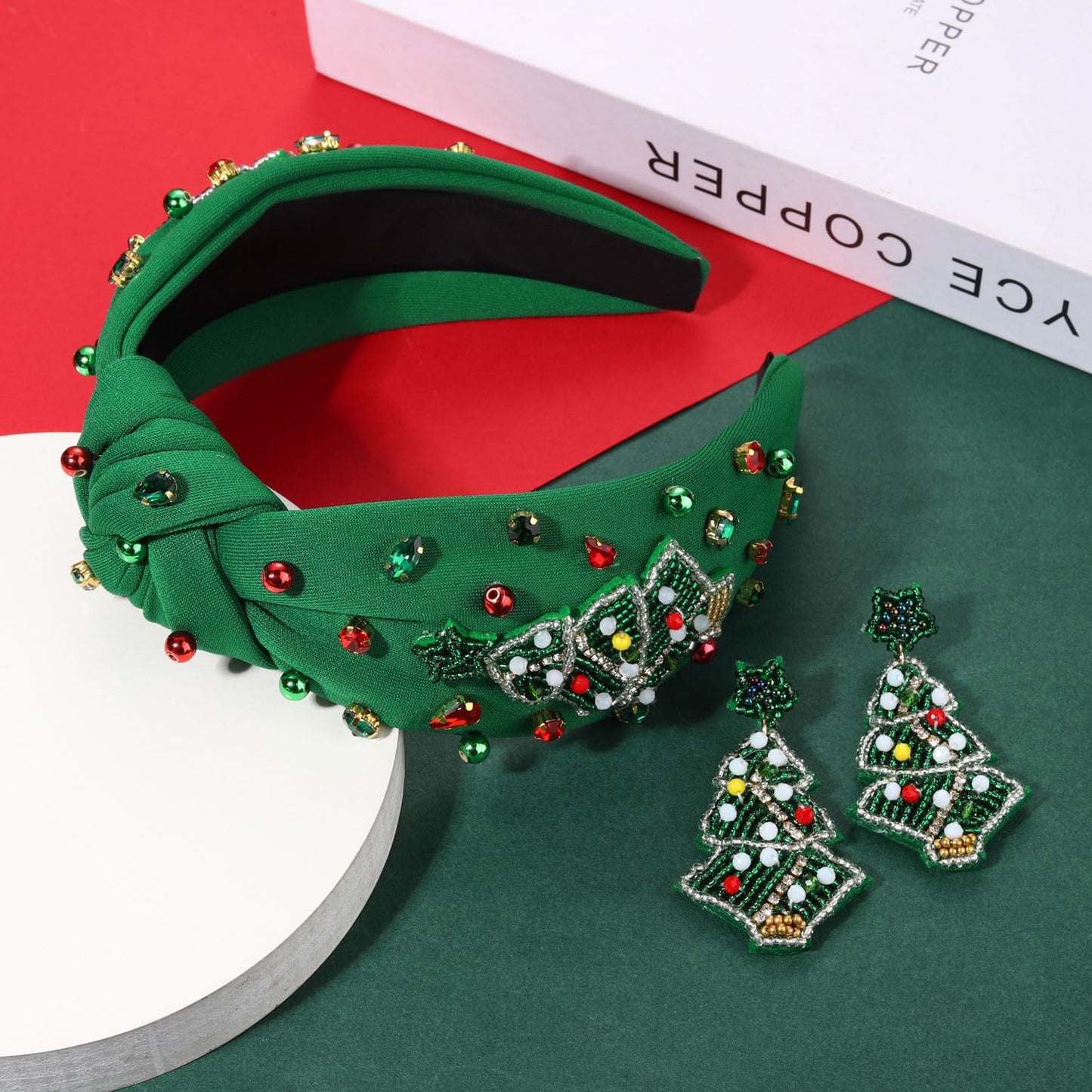 ARATLENCH Christmas Tree Headband Pearl Rhinestone Jeweled Knotted Headband Xmas Tree Beaded Earrings Winter Holiday Hair Accessories for Women Girls