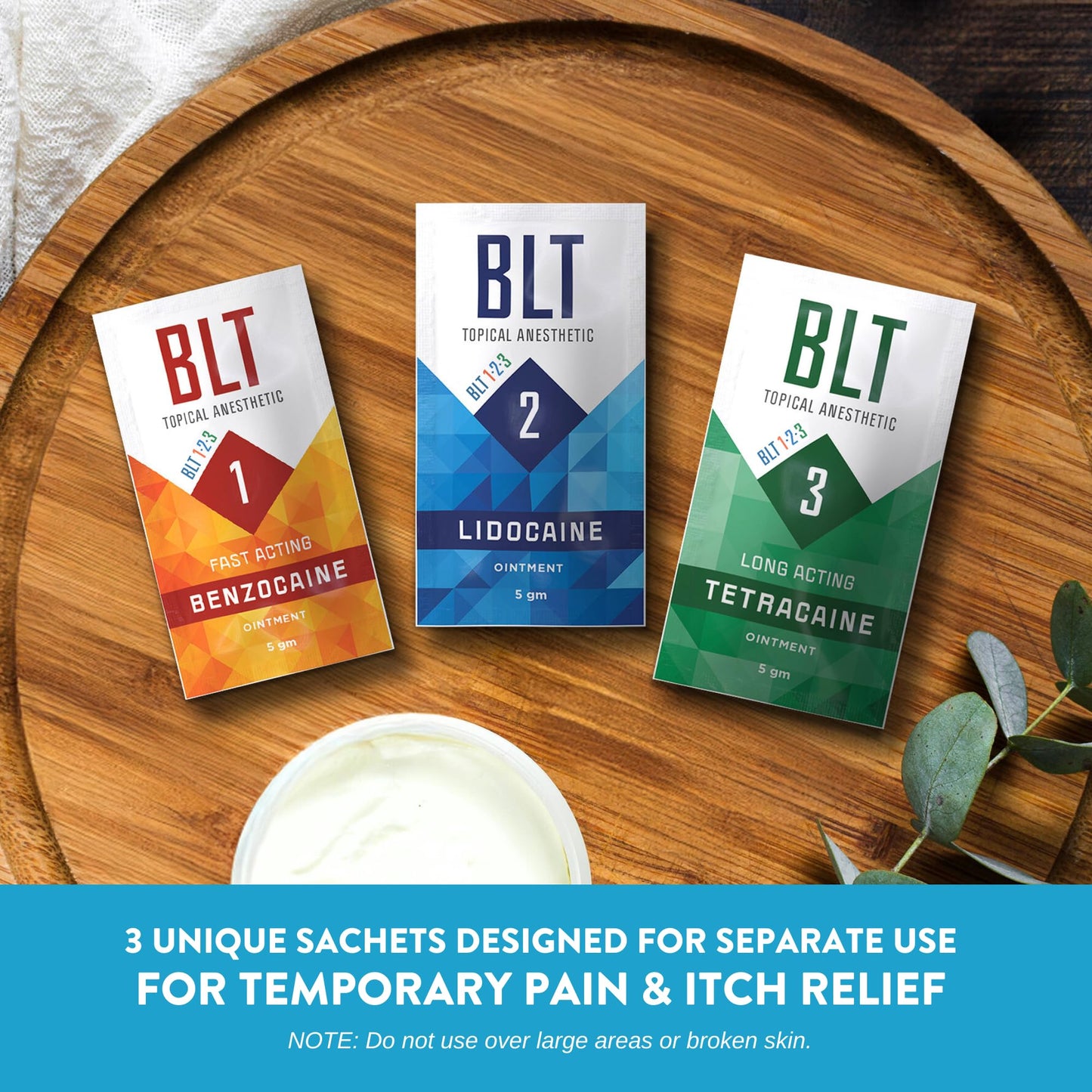 BLT Pain Numbing Creams - 2 Sets (Benzocaine, Lidocaine, Tetracaine), 6 Single-Use Sachets for Temporary Relief of Pain and Itching, Made in The United States