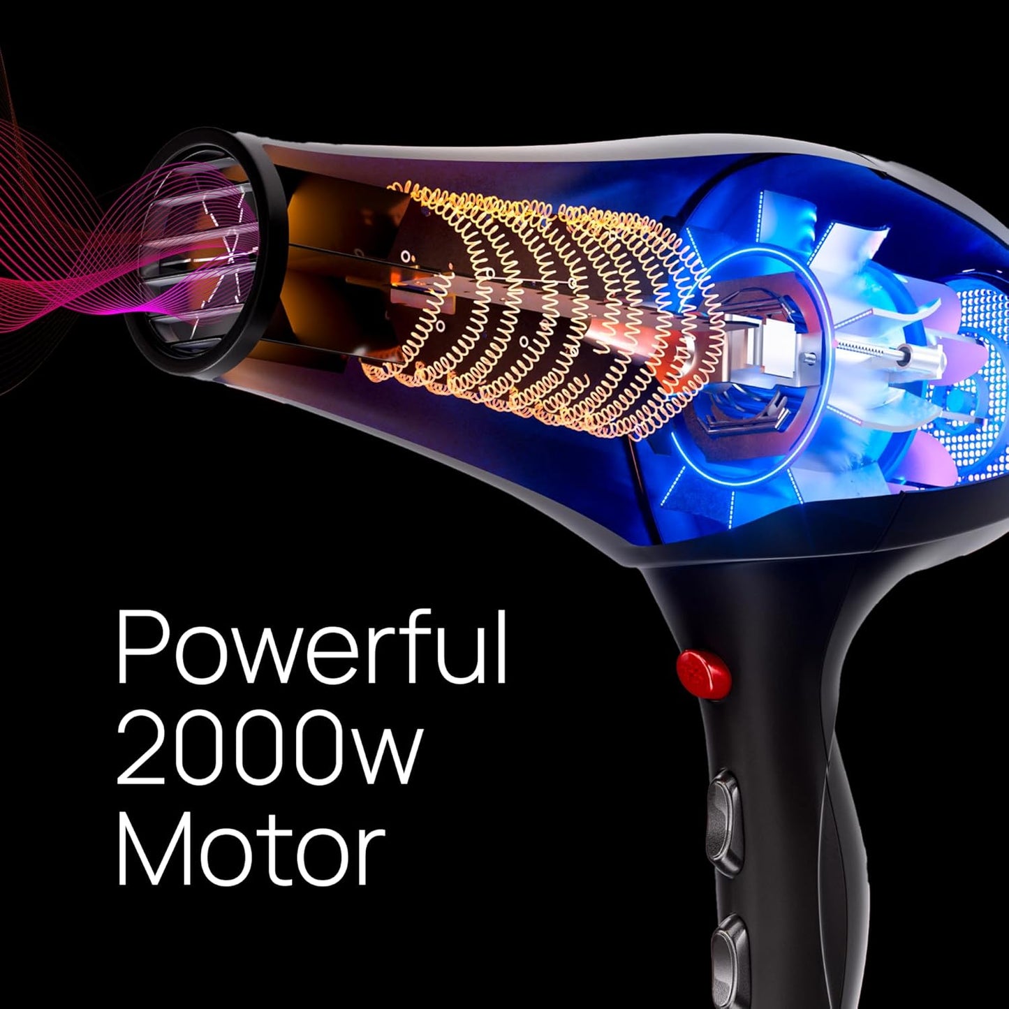 TREZORO Professional Hair Dryer - Ionic Ceramic Tourmaline Technology, 2000W, Fast & Quiet | Black with Nozzles