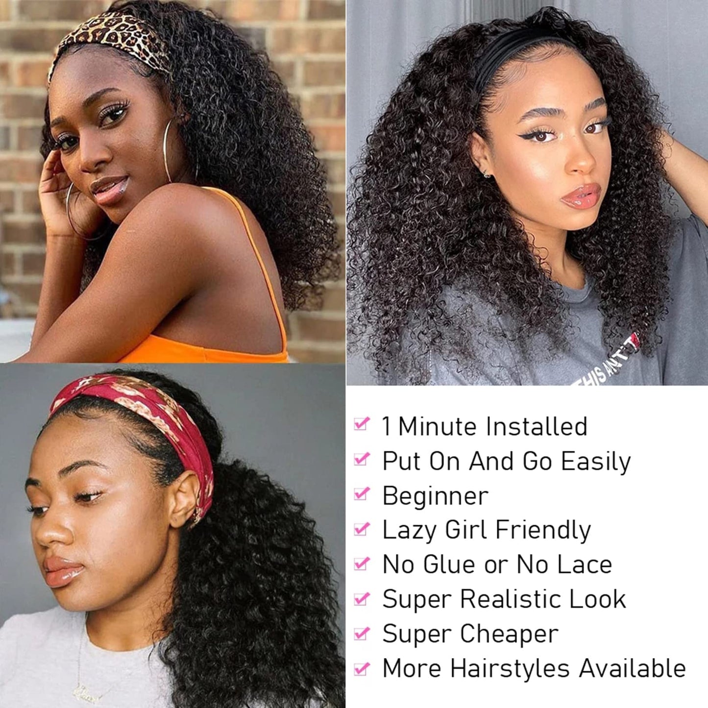 ISEE Headband Wig Human Hair Kinky Curly Human Hair Wigs for Black Women Glueless None Lace Front Wigs 180% Density 18inch