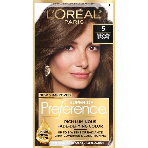 L'Oreal Paris Hair Color - Superior Preference Medium Brown 5 | Luminous Fade-Defying Dye Kit for 9 Weeks of Radiance